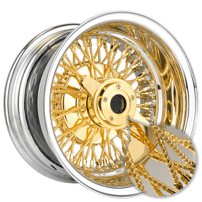 14x7" LA Wire Wheels Reverse Diamond Cut 72-Spoke Cross Lace Chrome with Gold Center Heavy Duty Knock-Off Rims