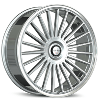 24" Staggered Koko Kuture Wheels Parlato Gloss Silver with Polished Lip Flow Formed Spindle Cap Rims