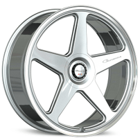 26" Giovanna Wheels Cinque Gloss Silver with Polished Lip Flow Formed Spindle Cap Rims